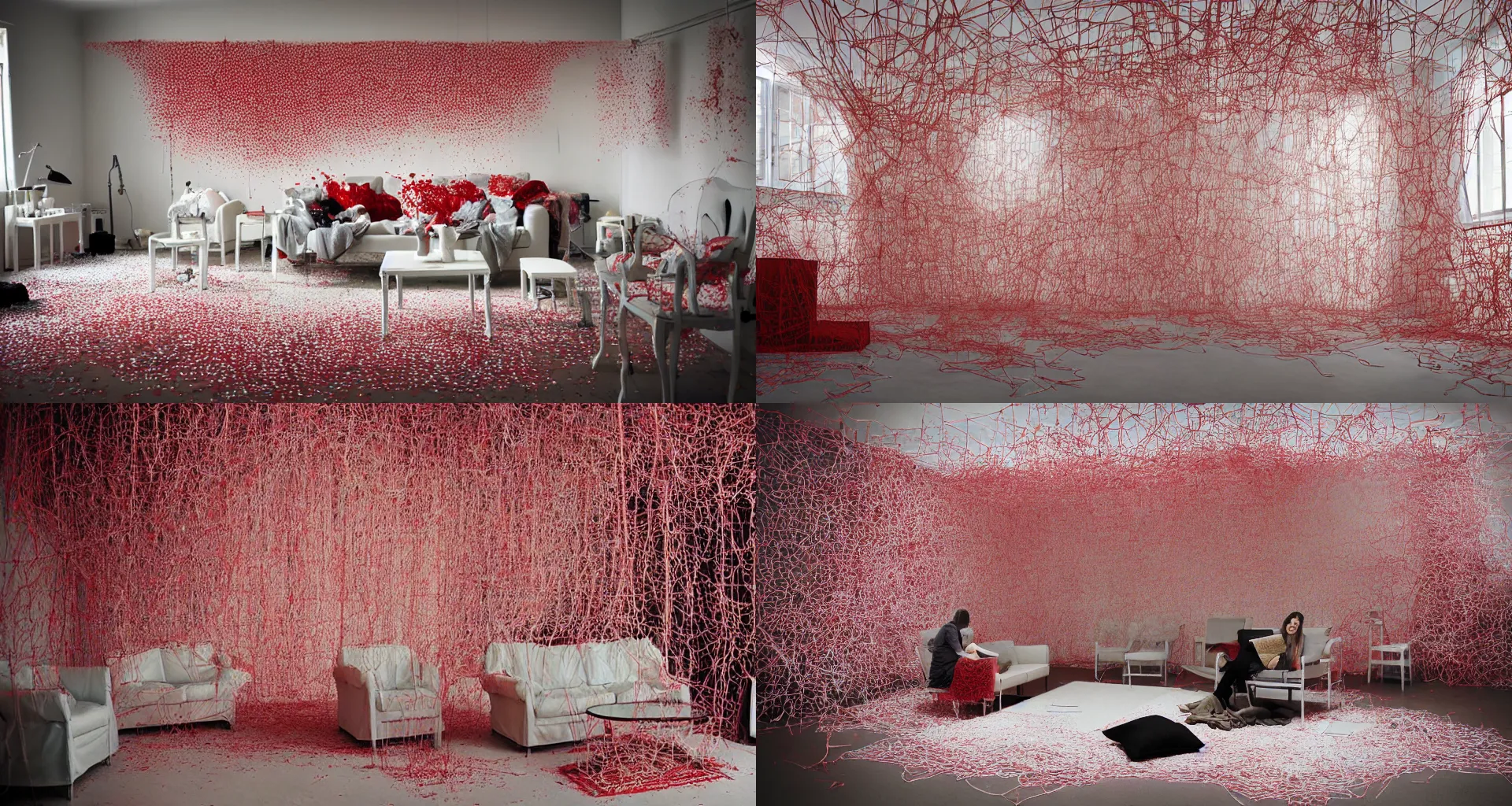 Prompt: IKEA catalogue photo of a living room, by Chiharu Shiota