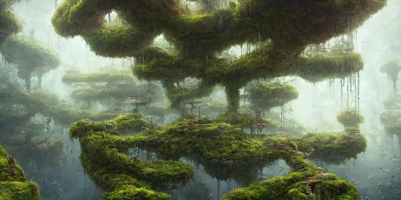 Prompt: a beautiful concept art of floating buildings and infrastructure overgrown moss, made of tree and fantasy valley, by alejandro burdisio and ghibli