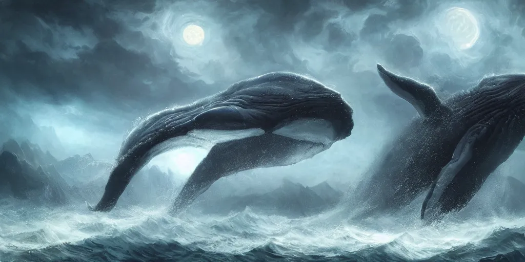 Prompt: concept art of giant whale, lovecraftian, renaissance, roaring, melting horror, round moon, rich clouds, fighting the horrors of the unknown, very detailed, volumetric light, mist, fine art, decaying, textured oil over canvas, epic fantasy art, very colorful, ornate scales