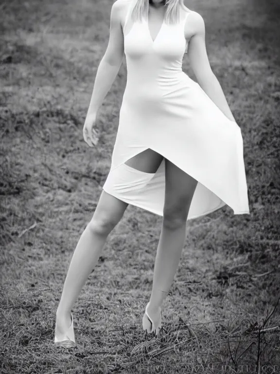 Image similar to studio photo of gorgeous seductive emily skinner cosplaying annie leonhart wearing tight white dress, beautiful face, pale skin, rule of thirds, cinematic lighting, sharp focus, backlit, stunning, smooth, hard focus, full body shot