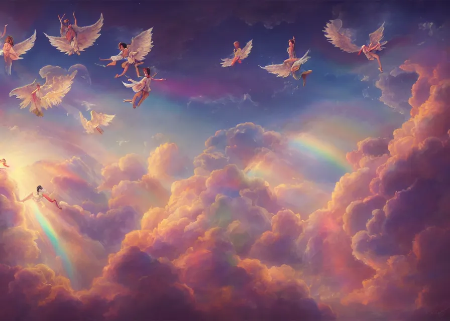 Image similar to realistic painting of angels flying around a giant pipe organ in the sky, joy, rainbow, magic, dreamy, clouds, pastel colors, dusk, rowena doge, zhiwei tu, fenghua zhong digital art, 4 k, trending on artstation, 4 k