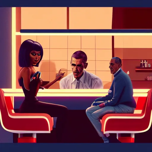 Prompt: illustration of nicki minaj sitting next to barack obama in a barbershop. symmetry, cinematic scene. ambient lighting, brownish colors, hyper detailed. octane render. concept art. trending on artstation.