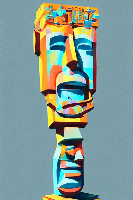 Image similar to cubist moai statue cutout digital illustration cartoon colorful beeple