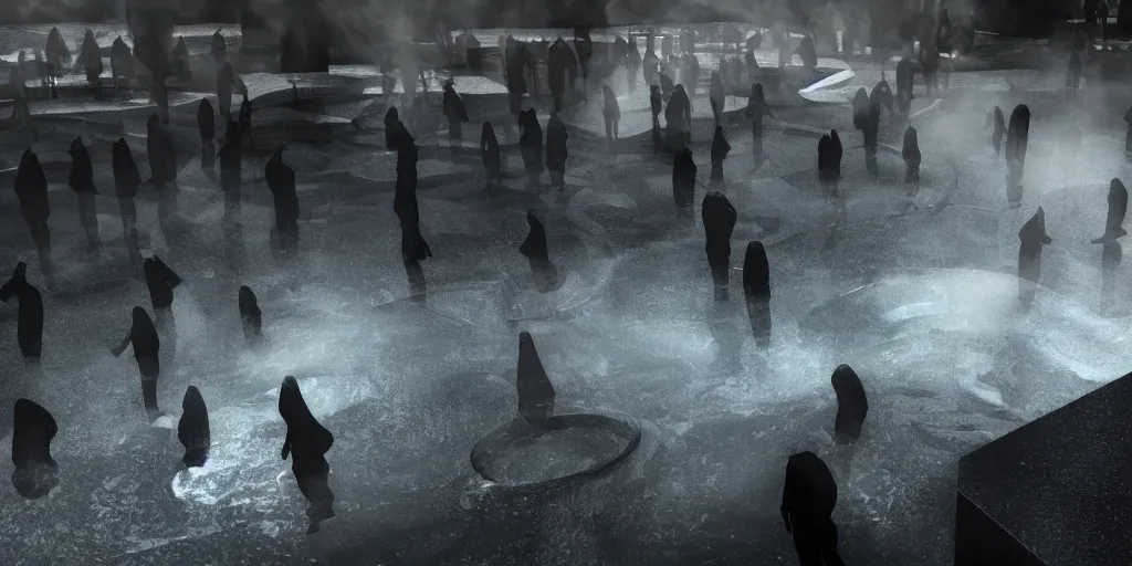 Prompt: hooded figures falling into a massive pool of black oil, shiny, ultra realistic, unreal engine render