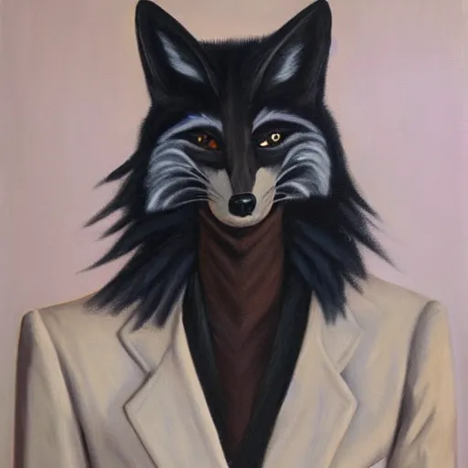 Prompt: portrait of a male anthro black fox furry fursona wearing a salsa dance suit, 1 9 7 0 s oil on canvas painting, by famous artist jylon denja