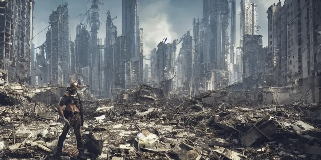 Image similar to one giant minion in the middle of the ruins of cyberpunk moscow after the bombing, a minimum of surviving houses, a dim sky, a dead city