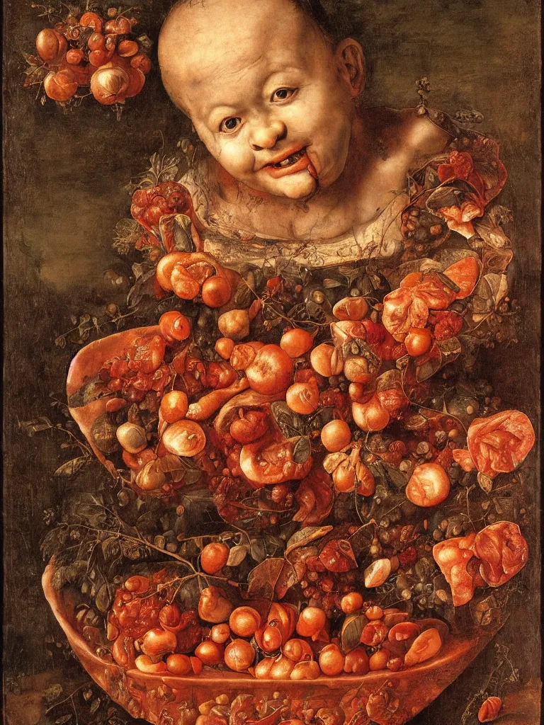 Image similar to a boy sitting in a tub full of tomato sauce, by giuseppe arcimboldo, renaissance, portrait, fruit, detailed oil paint, high definition