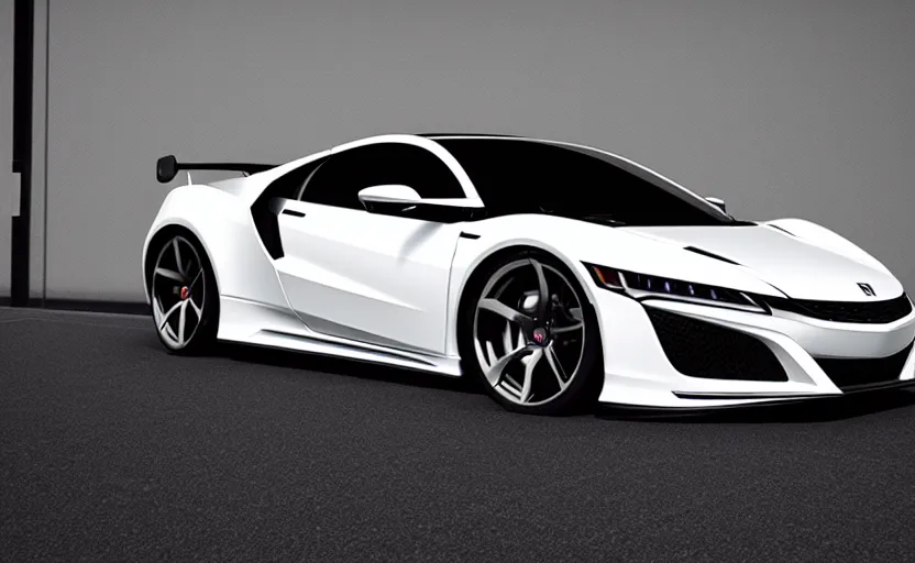 Prompt: honda nsx, prototype car, symmetrical wheel rims, vintage design, designed by polestar, cyberpunk, elegant, matte white paint, hard surfaces modelling, dramatic, ray tracing, realistic reflections, ultra realistic rendering, sharp focus