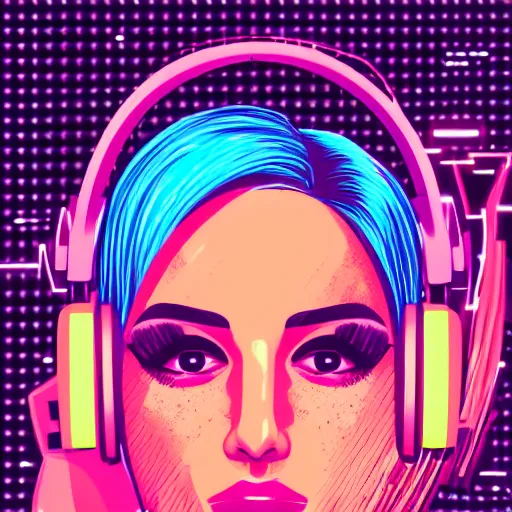 Image similar to a close up of a female face with headphones and retro colours, synthwave style, 2d digital vector art