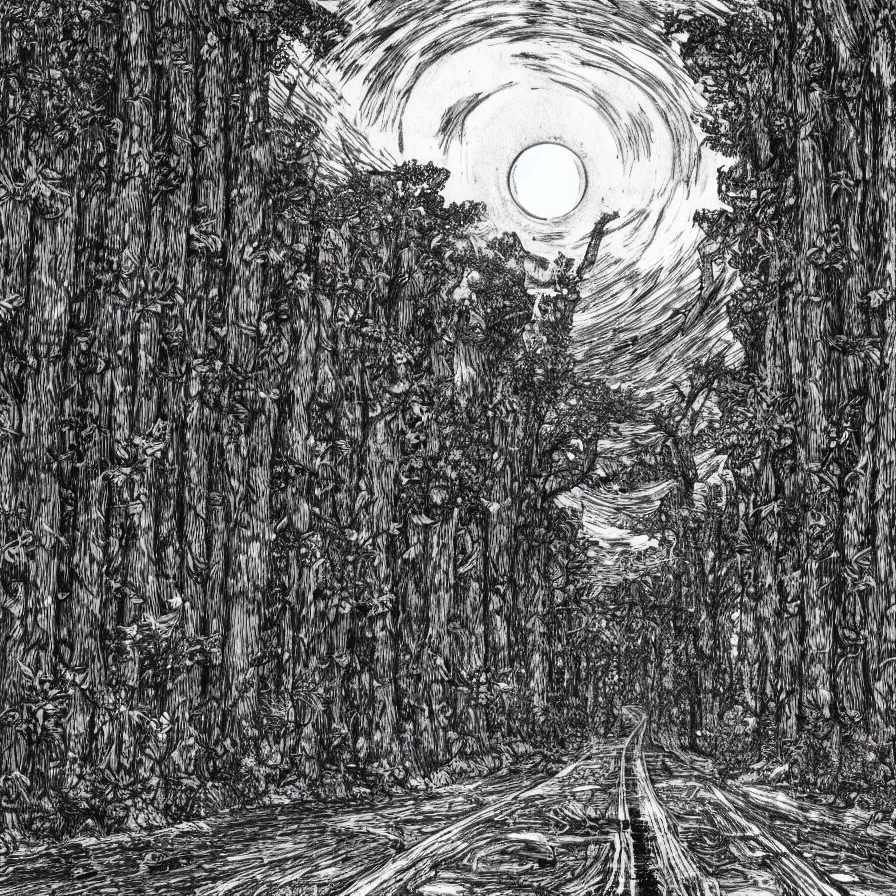 Prompt: highway to the sun as an etching, video game, cavern forests, monochrome