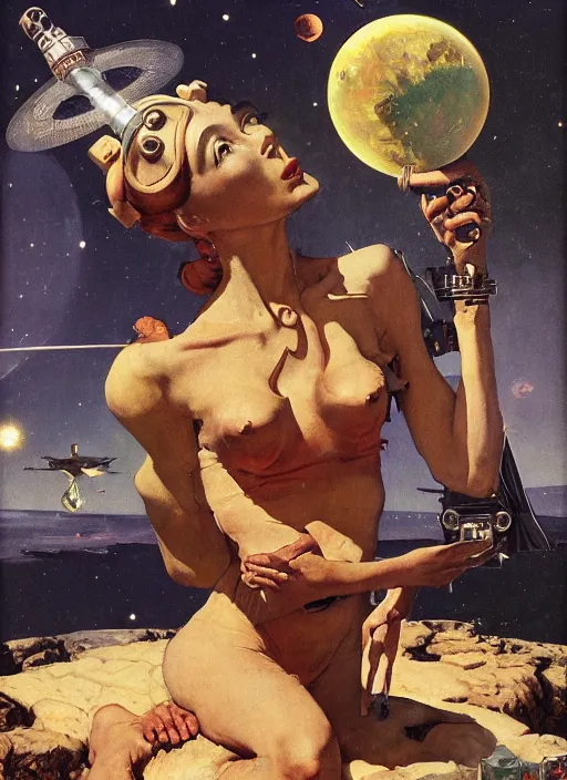 Image similar to 5 0 s pulp scifi fantasy illustration venusian alien in village on venus, by norman rockwell, roberto ferri, daniel gerhartz, edd cartier, jack kirby, howard v brown, ruan jia, tom lovell, frank r paul, jacob collins, dean cornwell, astounding stories, amazing, fantasy, other worlds