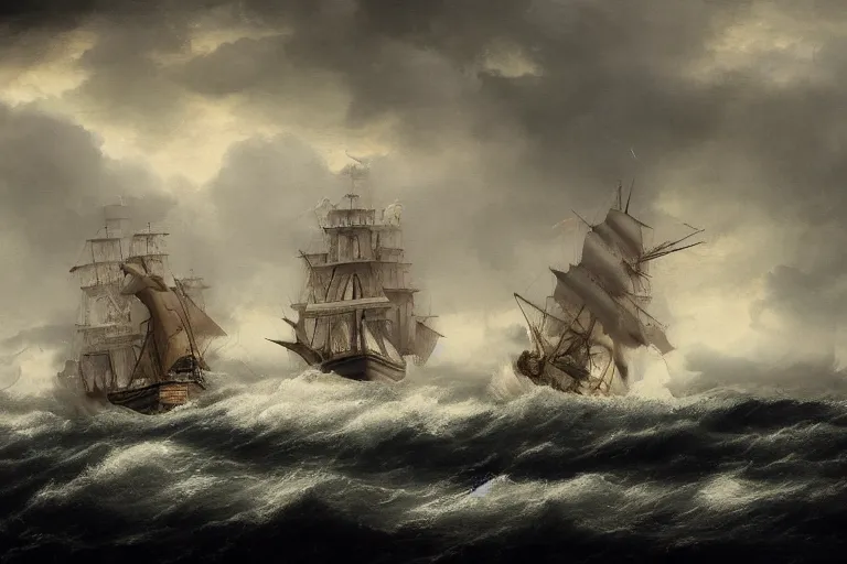 Image similar to a tall ship sailing vessel in stormy windy seas, in the style of, george philip reinagle, hypermaximalistic, high details, cinematic, 8 k resolution, beautiful detailed, insanely detailed, trending in artstation, octane render, unreal engine