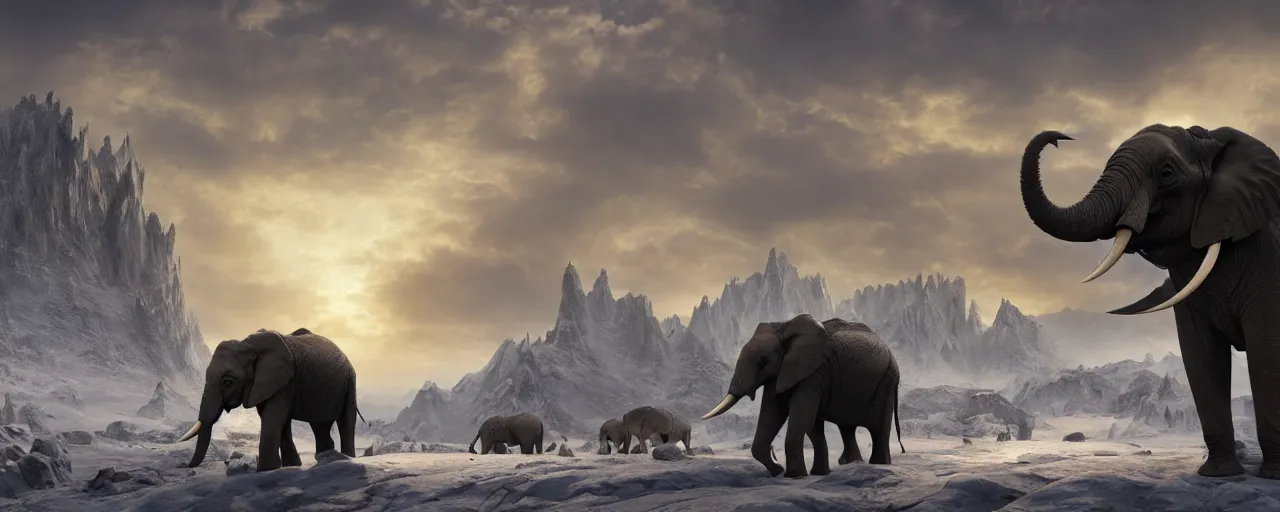 Image similar to an African elephant wearing battle armor in snow mountain landscape, beautiful dynamic lighting, cinematic, wide angle establishing shot, extremely high detail, photo realistic, cinematic lighting, post processed, concept art, artstation, matte painting, style by frederic church, raphael lacoste, unreal engine 8k