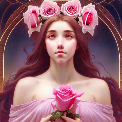 Image similar to perfectly detailed goddess princess of pink roses!! blessed by nature with ever - increasing physical mental perfection, symmetrical! intricate, highly detailed, biblical divine holy perfection!! digital painting, artstation, concept art, smooth, sharp focus, illustration, art by artgerm and greg rutkowski and alphonse mucha