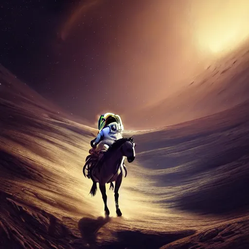 Prompt: centered portrait of the Astronaut riding a Horse on the moon, realistic character concept, high fantasy, light atmosphere, golden ratio, wide shot, cinematic lighting, hyperdetailed, high detailed, high resolution, insanely detailed and intricate, artstation, Marc Simonetti, Greg Rutkowski, octane render, unreal engine, 8k