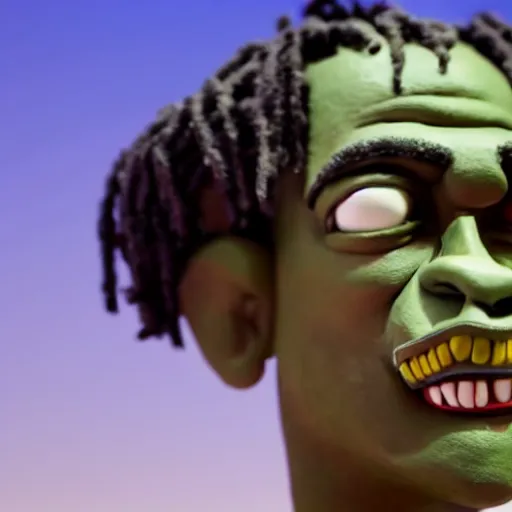 Prompt: a cartoon claymation medium close up sculpture of Travis Scott, in the style of Robot Chicken