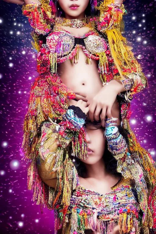 Image similar to digital render of a beautiful asian woman fully covered in clothes made out of jewels while dancing in the middle of a river, background is a black forest out of focus, art by Alberto Mielgo, low light, moonlight, highly detailed, 8k