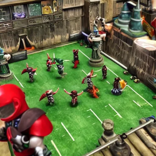 Image similar to blood bowl game in miyazaki anime, elves are playing versus humans, intense match, many casualties