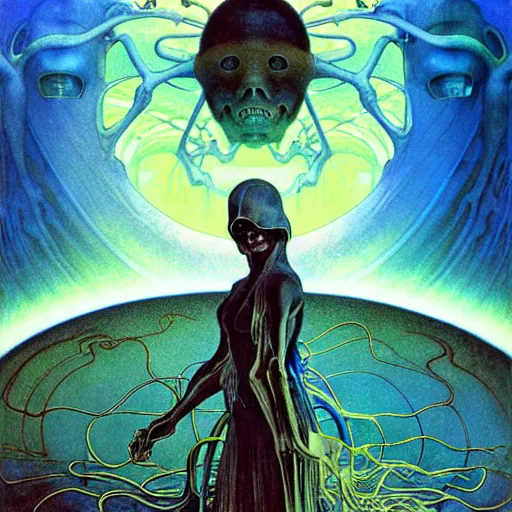 Image similar to realistic extremely detailed portrait painting of a ghost silhouette, futuristic sci-fi landscape on background by Jean Delville, Amano, Yves Tanguy, Alphonse Mucha, Ernst Haeckel, Edward Robert Hughes, Roger Dean, rich moody colours, blue eyes