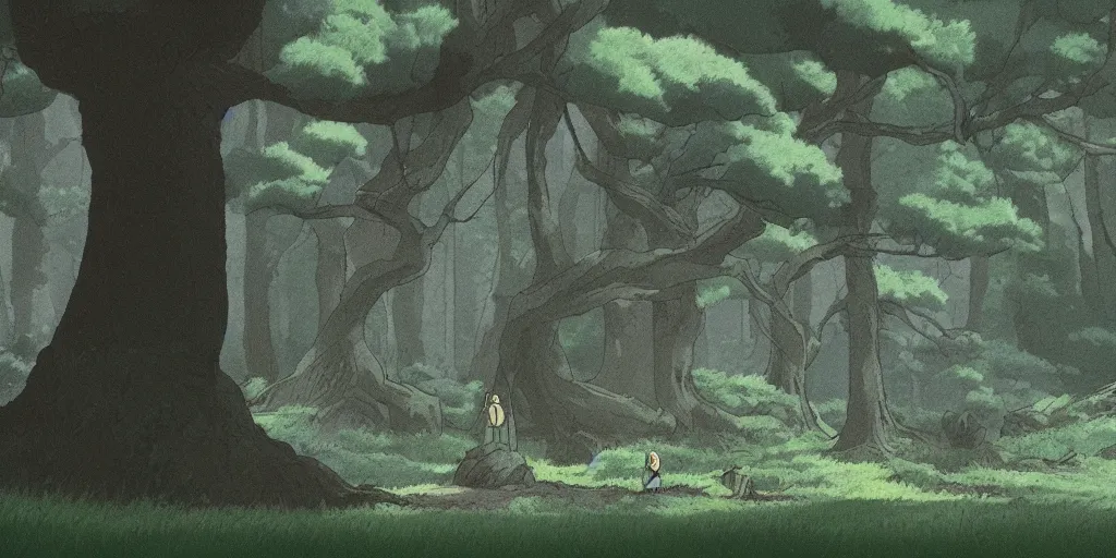 Image similar to award - winning movie still, landscape, dark forest, stone circle, by studio ghibli,