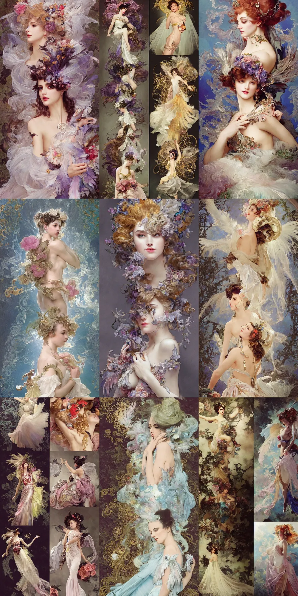 Prompt: Painterly character concept and fashion spot illustrations from a Final Fantasy and Halloween and Rococo-themed wedding, full-body, dynamic poses, diaphanous iridescent silks, bloom, god rays, cinematic lighting, intricate crystalline and feather jewelry, ornate, filigree, arcane, by Luis Ricardo Falero, by Alphonse Mucha, by Bouguereau, by Rubens, fantasy, portfolio illustration, highly detailed, trending on Artstation, CGsociety, Pixologic top row, rendered in Octane, rendered in Arnold, HQ, 8k, 35mm lens, f2.8, Bokeh,