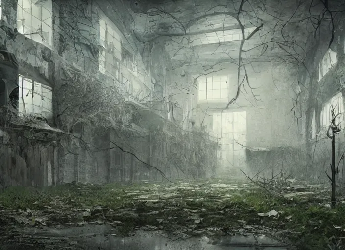 Image similar to abandoned high school overtaken by plants and nature and rot, artstation, high quality, detailed, eerie atmosphere, in the style of Rui Komatsuzaki