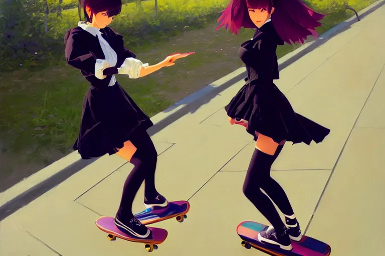 Image similar to A ultradetailed beautiful panting of a stylish woman in a maid outfit skateboarding, Oil painting, by Ilya Kuvshinov, Greg Rutkowski and Makoto Shinkai