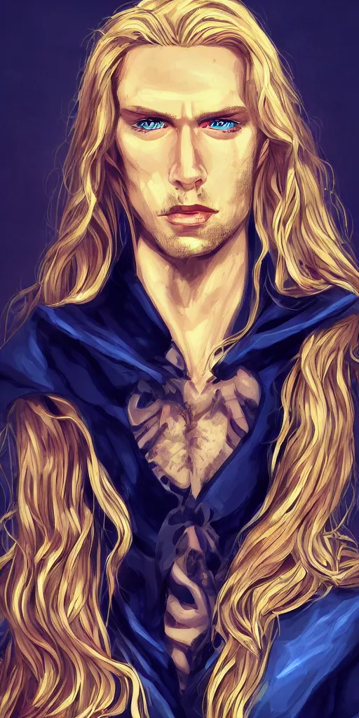 Prompt: portrait of a handsome gorgeous male satanic blonde haired hippie with long hair and blue eyes as the human prince of satan and lucifer, artstation