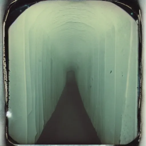 Image similar to a dark and narrow ice tunnel, dark, creepy, eerie, unsettling, terrifying, old polaroid, expired film, deep,