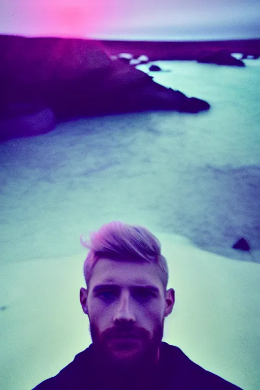 Image similar to high quality pastel coloured film mid angle selfie photograph of a young beautiful man standing in an icelandic black rock environment. atmospheric. three point light. photographic. art directed. ( pastel colours ). volumetric light. stark. waves glitch. 8 k. filmic.