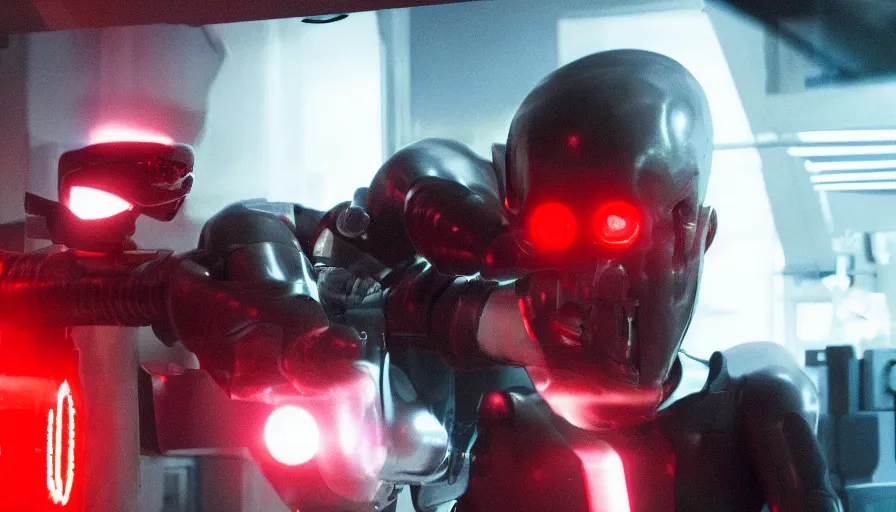 Prompt: big budget action movie in a science lab where a red light is flashing, there's an evil cyborg.