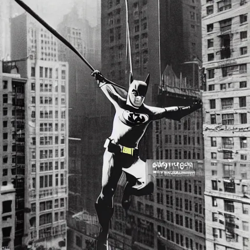 Prompt: old black and white photo, 1 9 2 5, depicting batman ziplining through skyscrapers of new york city, rule of thirds, historical record