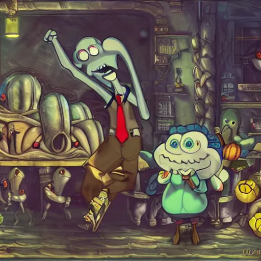 Prompt: squidward dabbing at goblins, vanillaware artwork, george kamitani