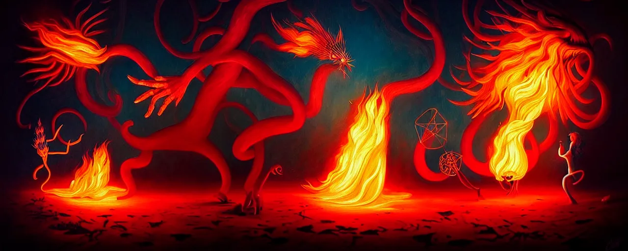 Image similar to whimsical fiery alchemical creatures, surreal dark uncanny painting by ronny khalil