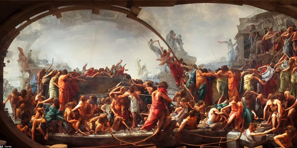 Prompt: a mix between the raft of the medusa and the school of athens, matte painting, oil canvas, photorealistic illustration, extreme detail, hyper realistic, highly detailed