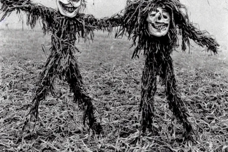 Image similar to disturbing screaming scarecrow from the early 1 9 0 0's burning down the cornfields