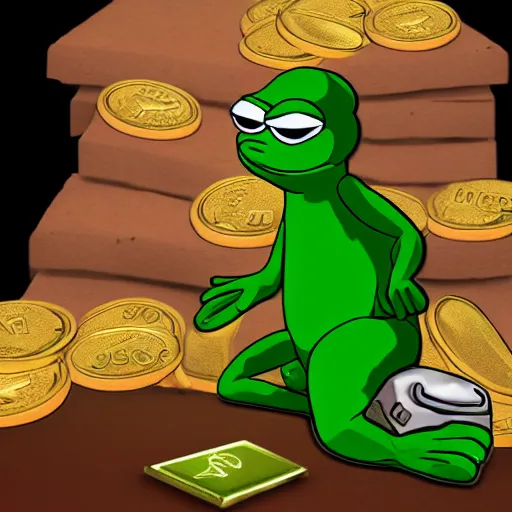 Image similar to pepe with coins, artstation