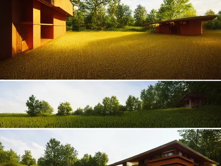 Image similar to hyperrealism design by frank lloyd wright and kenzo tange photography of beautiful detailed small house with many details around the forest in small detailed ukrainian village depicted by taras shevchenko and wes anderson and caravaggio, wheat field behind the house, volumetric natural light