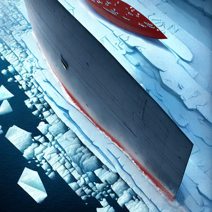 Image similar to one singular solo enormous gigantic steel ship - shaped fortress sailing across an icy frozen ocean. masterpiece, cinematic, hyperdetailed, photorealistic, hyperrealism, octane render, depth of field, bokeh, architecture, aerial view, art by tom bagshaw, geof darrow, james gurney, filip hodas