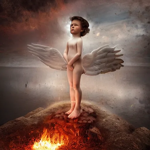 Image similar to Editorial Masterpiece extremely realistic Legendary elemental High Orders Cherubic Virtues figure infused with coalesced crystalline fire by Erik Johansson, perfect light