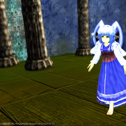 Image similar to cirno from touhou project in morrowind, game screenshot, retro 3 d, pc game, elder scrolls, morrowind, mushrooms