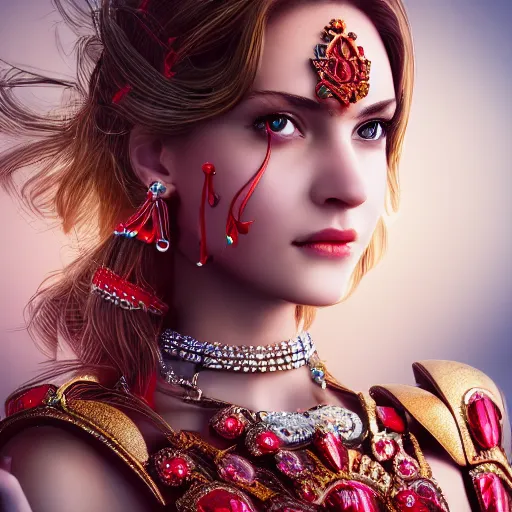 Image similar to photograph of wonderful princess with smooth fair skin, alluring eyes, red jewelry, breathtaking, elegant, ornate, intricate, hyper detailed, accent lighting, dramatic light, 4 k octane render