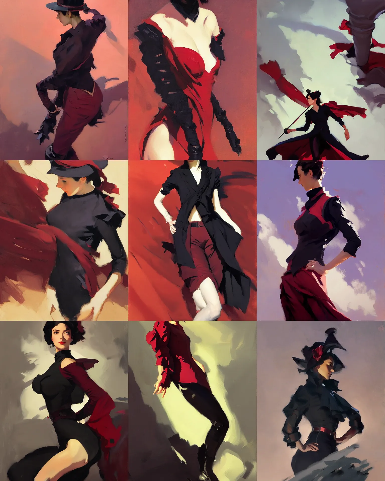 Prompt: black red violet cloth fabric jodhpurs greg manchess painting by sargent and leyendecker, studio ghibli, fantasy, medium shot, asymmetrical, intricate, elegant, matte painting, illustration, hearthstone, by rhads by greg rutkowski, by greg tocchini, by james gilleard, by joe fenton