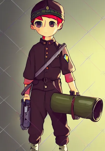 Prompt: beautiful little boy in nazi uniform posing while hold an canon. red, green, blue and gray pallet color. made in abyss art style, inspired by kris from deltarrune, cute detailed artwork, anatomically correct, soft details, ilya kuvshinov, reflection, perfect composition, mobile wallpaper, illumination, digital art, detailed anime soft face