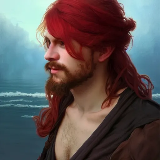 Prompt: portrait of a young carefree pirate, male, masculine, upper body, red hair, long hair, soft hair, D&D, fantasy, intricate, elegant, highly detailed, digital painting, artstation, concept art, matte, sharp focus, illustration, art by Artgerm and Greg Rutkowski and Alphonse Mucha