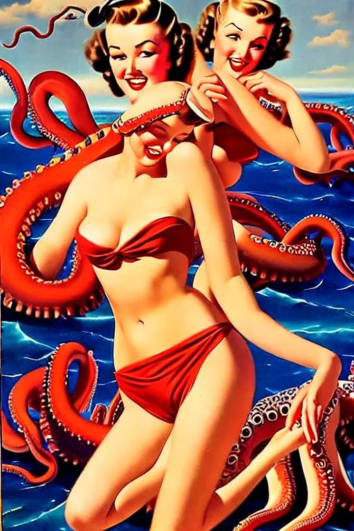 Prompt: 1940s group of pinup bikini girls being hugged by giant octopus, oil painting, by Gil Elvgren
