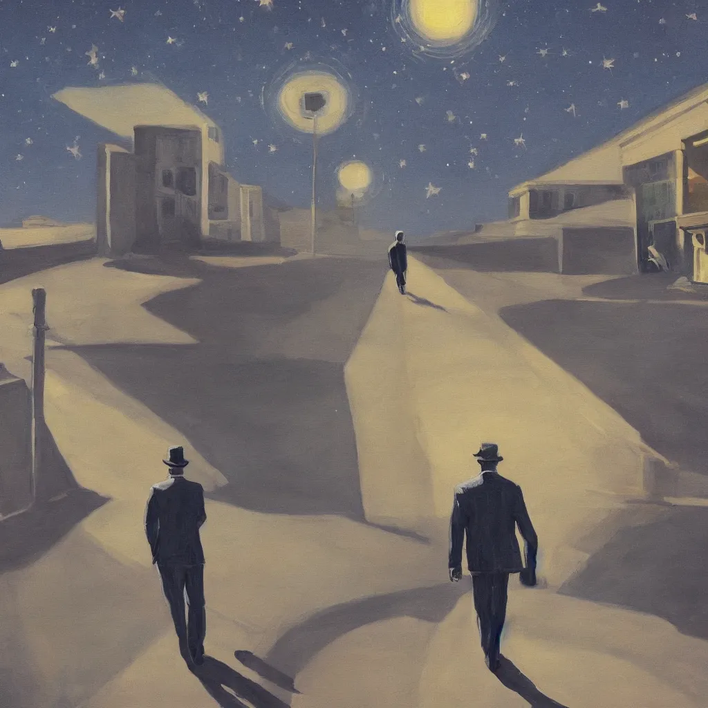 Image similar to a painting of a man walking down a lonely street on another planet and the sky is covered in stars, the head of the man is a skull, he is wearing a suit, in the style of edward hopper, 4 k,