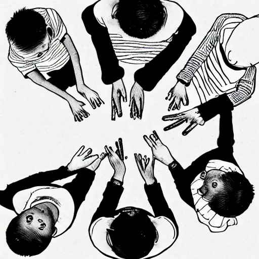 Image similar to four asian kids sitting around each holding a digital tablet, top down view, ink art, ink illustration, black and white, intricate illustration, detailed, top down view