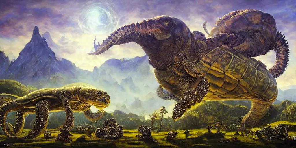 Image similar to fantasy oil painting, great leviathan, cybernetic turtle cephalopod terrapin reptilian pachyderm squid, bella hadid, milla jovovich, anubis, hybrid, epic natural light, lush plants flowers, spectacular mountains, bright clouds, luminous sky, outer worlds, golden hour, michael cheval, edward hopper, michael whelan, vray, hd