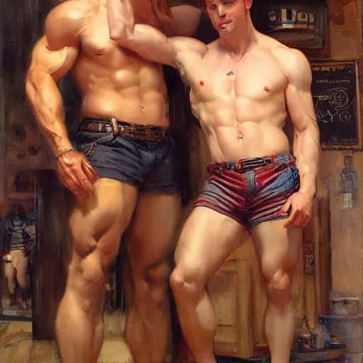Image similar to attractive muscular male with red hair and attractive muscular male with black hair. pants and shorts, drinking their hearts out, having fun, in a pub. highly detailed and very defined painting by gaston bussiere, j. c. leyendecker, craig mullins 8 k